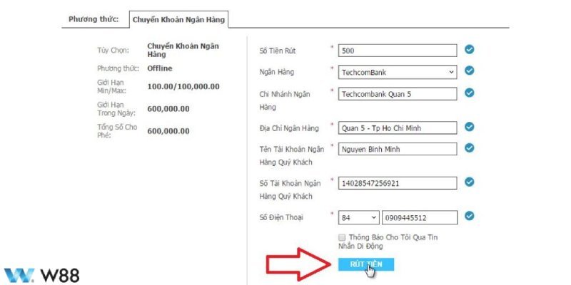 Cách thức để rút tiền W88 trên điện thoại di động